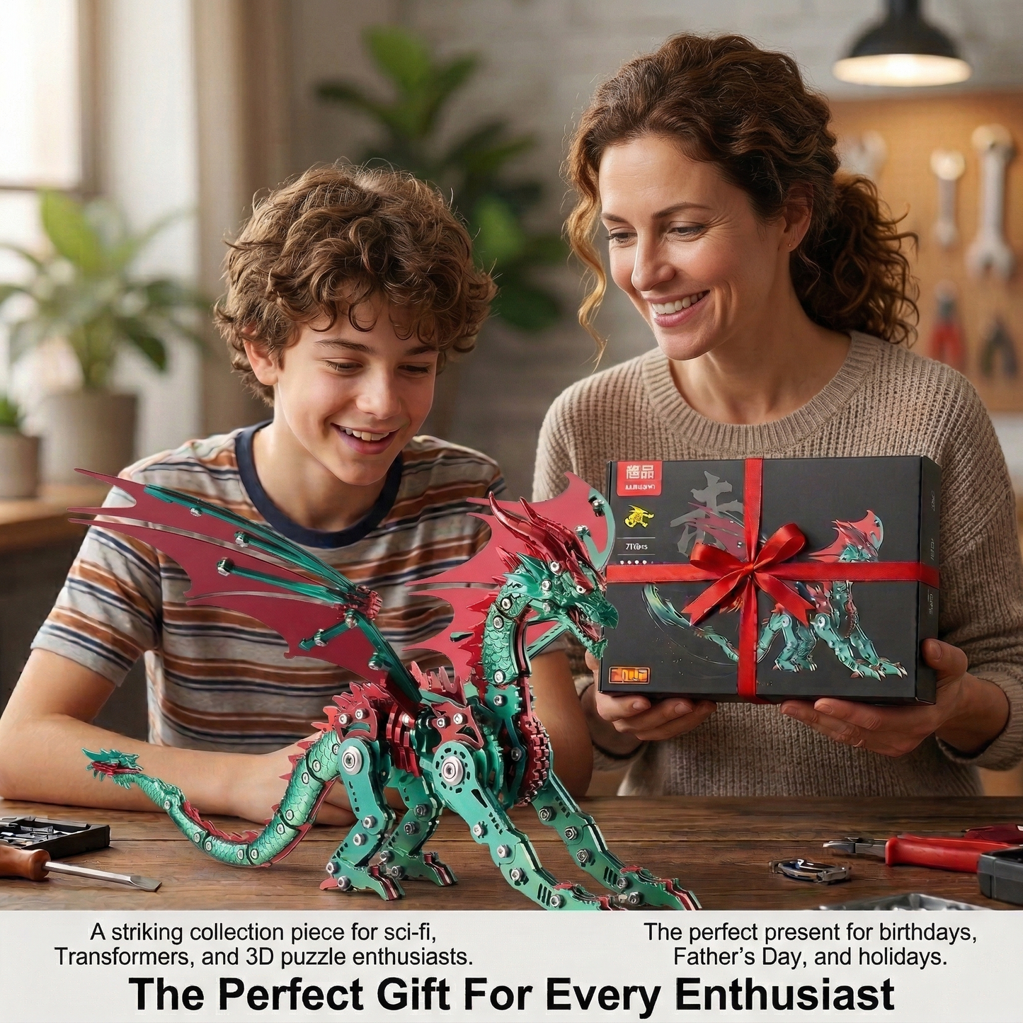 （green）3D Metal Dragon Model Kit for Adults, Mechanical Pterosaur Puzzle, DIY Assembly Steel Model, Challenging Building Kit, Unique Gift for Men Desk Decor
