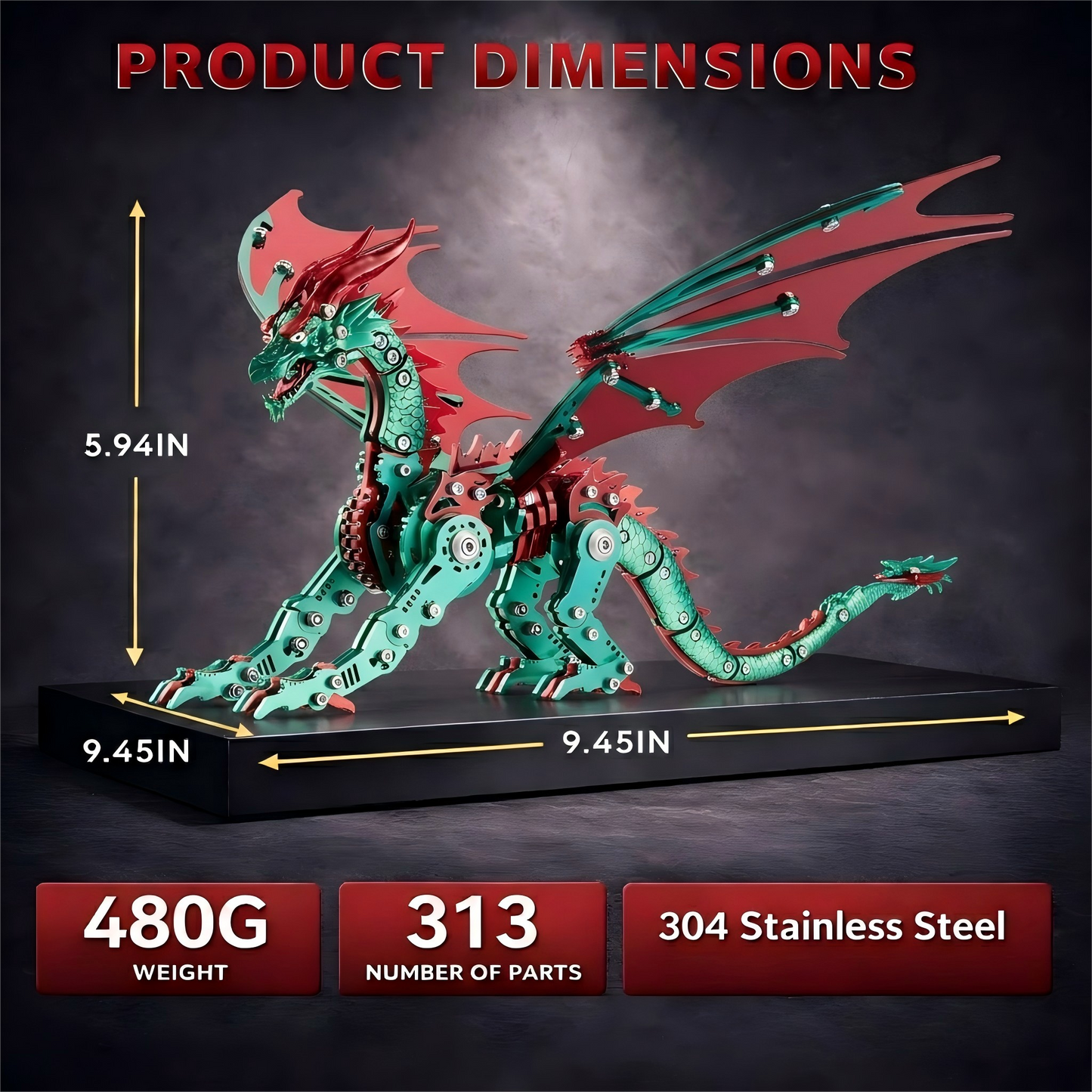 （green）3D Metal Dragon Model Kit for Adults, Mechanical Pterosaur Puzzle, DIY Assembly Steel Model, Challenging Building Kit, Unique Gift for Men Desk Decor