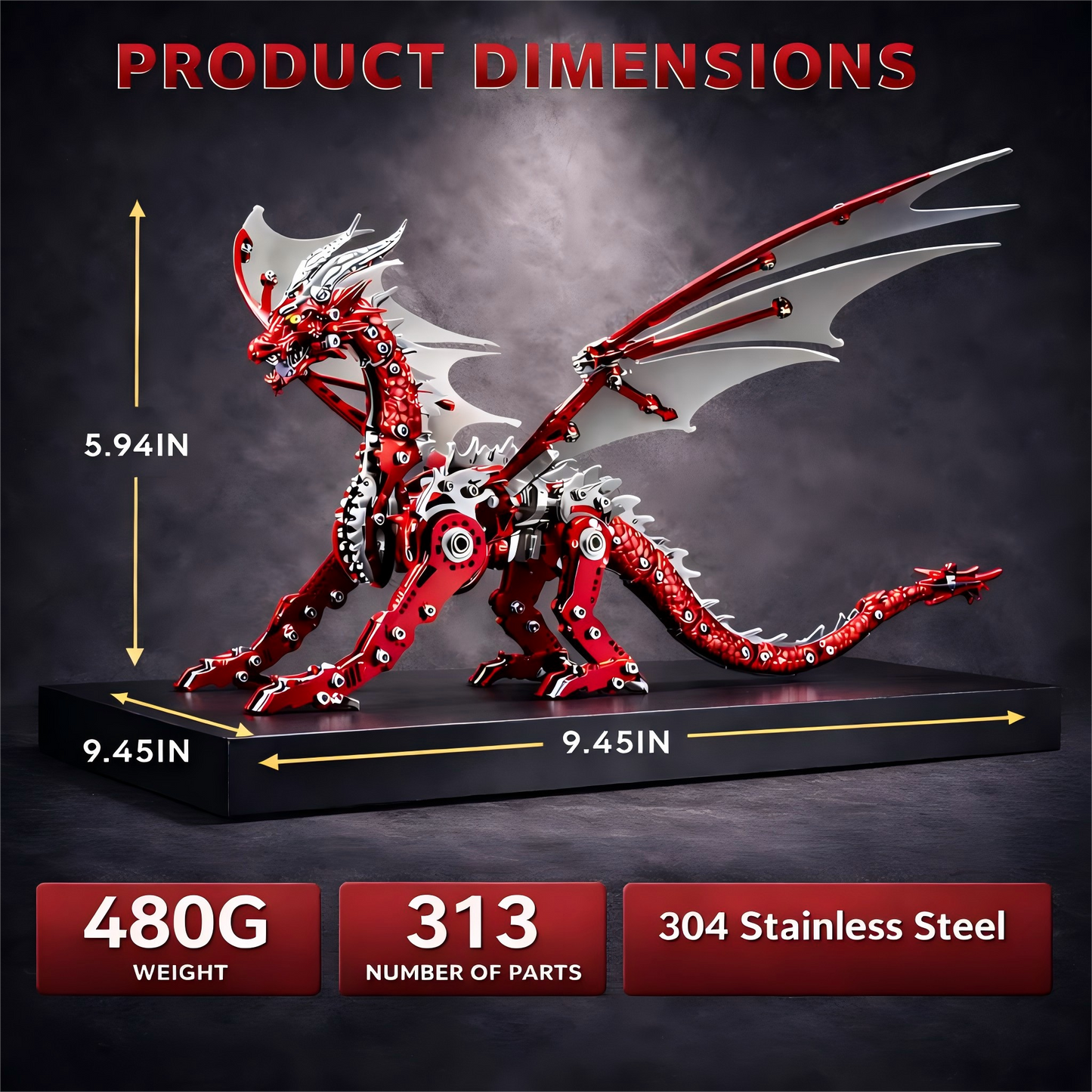 （red）3D Metal Dragon Model Kit for Adults, Mechanical Pterosaur Puzzle, DIY Assembly Steel Model, Challenging Building Kit, Unique Gift for Men Desk Decor