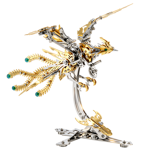 Gold-Plated Metal Phoenix Model Kit - 3D Stainless Steel Mythical Bird Puzzle for Adults - Mechanical Firebird Figurine - Steampunk Kinetic Art Sculpture - Home Decor Gift(Phoenix-Gold)