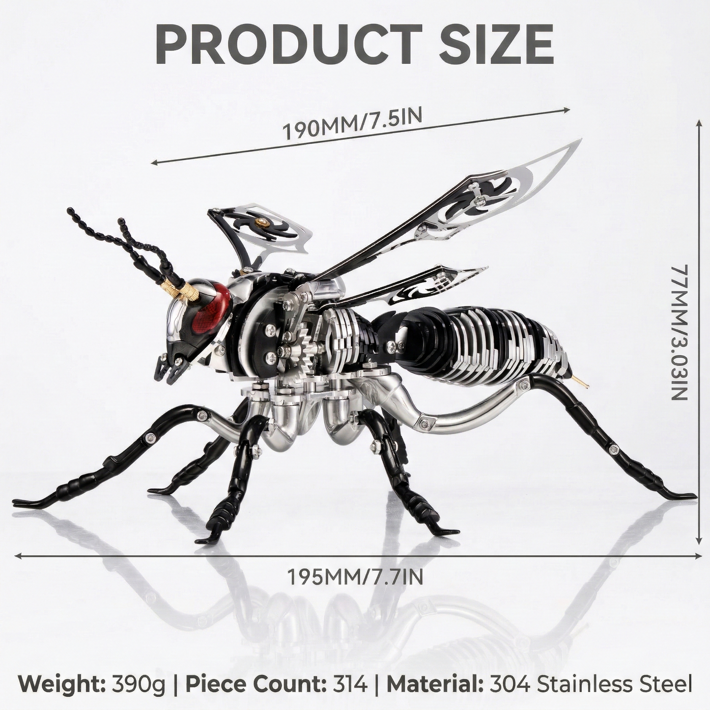 Gold-Plated Metal Bee Model Kit - 3D Stainless Steel Mechanical Insect Puzzle for Adults - Steampunk Bionic Wasp Sculpture - Executive Desktop Art and Stress Relief Gift (Bee--Black)