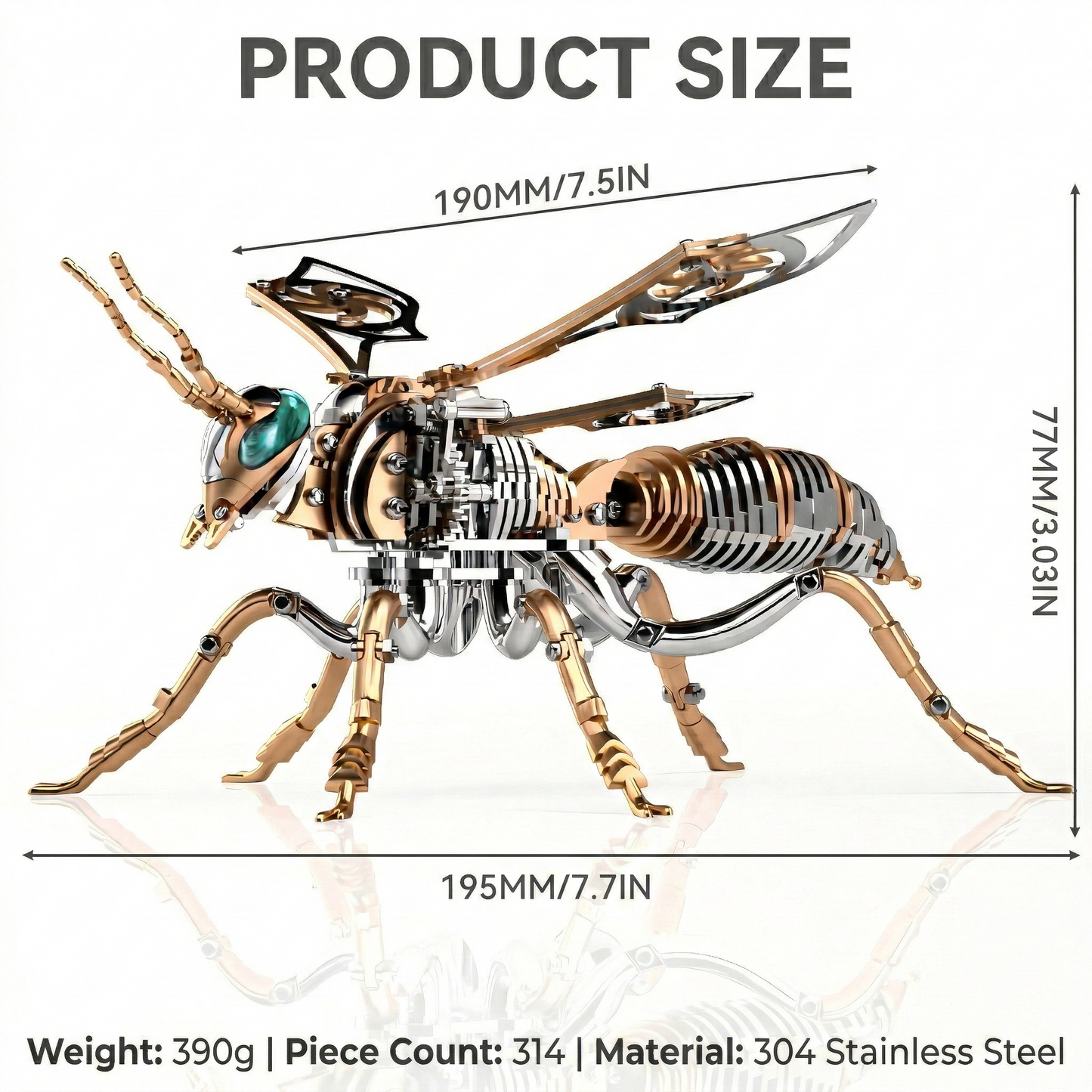 Gold-Plated Metal Bee Model Kit - 3D Stainless Steel Mechanical Insect Puzzle for Adults - Steampunk Bionic Wasp Sculpture - Executive Desktop Art and Stress Relief Gift（Bee-Gold）