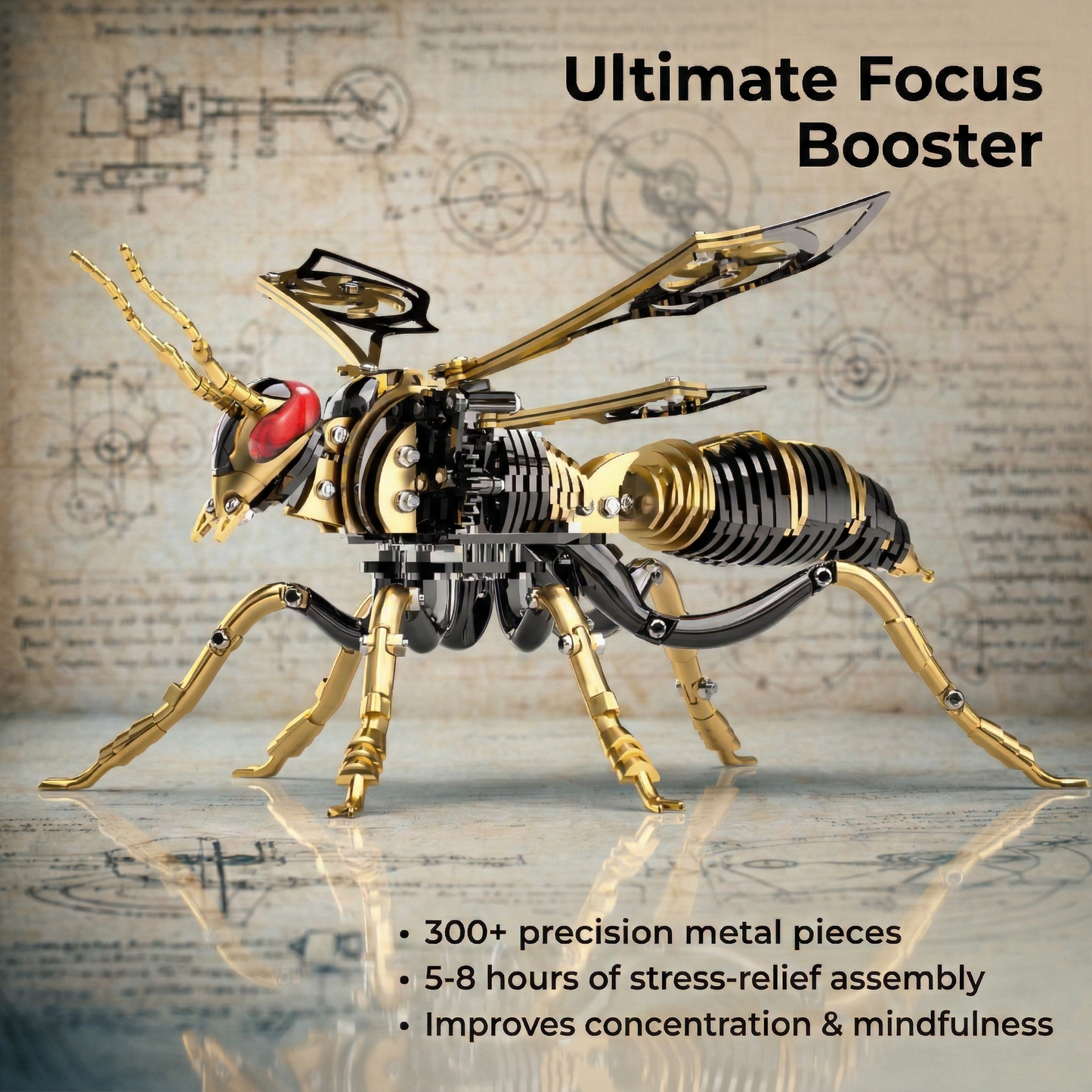 Gold-Plated Metal Bee Model Kit - 3D Stainless Steel Mechanical Insect Puzzle for Adults - Steampunk Bionic Wasp Sculpture - Executive Desktop Art and Stress Relief Gift (Bee-Black-Gold)