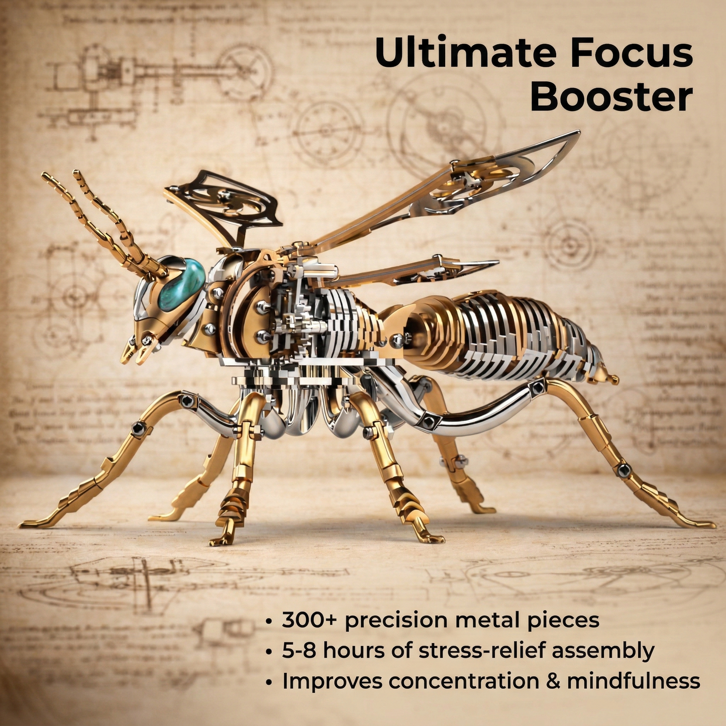 Gold-Plated Metal Bee Model Kit - 3D Stainless Steel Mechanical Insect Puzzle for Adults - Steampunk Bionic Wasp Sculpture - Executive Desktop Art and Stress Relief Gift（Bee-Gold）