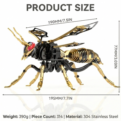 Gold-Plated Metal Bee Model Kit - 3D Stainless Steel Mechanical Insect Puzzle for Adults - Steampunk Bionic Wasp Sculpture - Executive Desktop Art and Stress Relief Gift (Bee-Black-Gold)